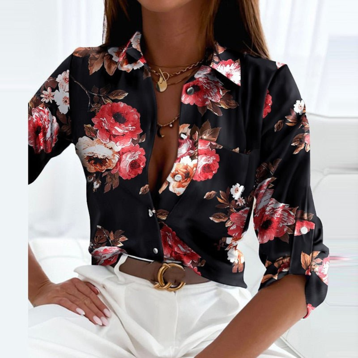 Women's Geometric Print Button-Down Blouse