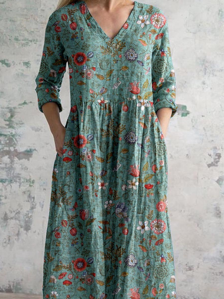 Women's Vintage Floral Maxi Dress with Flowing Bohemian Silhouette