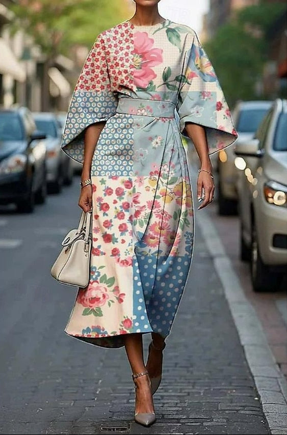 Women's Floral Wrap Midi Dress with Kimono Sleeves and Elegant Waist Tie