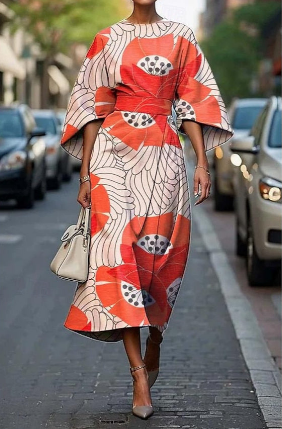 Women's Floral Wrap Midi Dress with Kimono Sleeves and Elegant Waist Tie