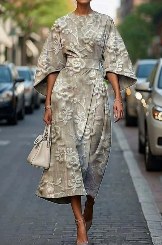 Women's Floral Wrap Midi Dress with Kimono Sleeves and Elegant Waist Tie