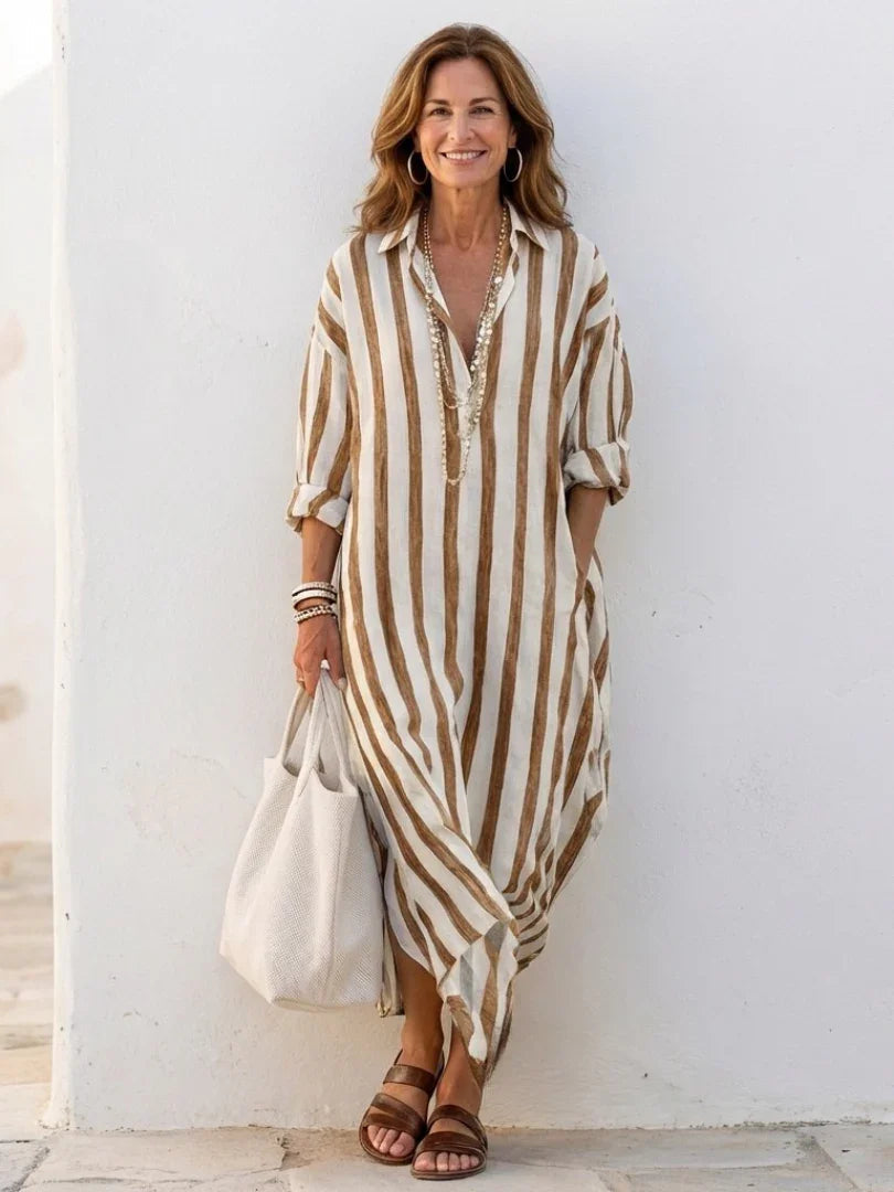 Women's Striped Shirt Maxi Dress with Roll-Up Sleeves