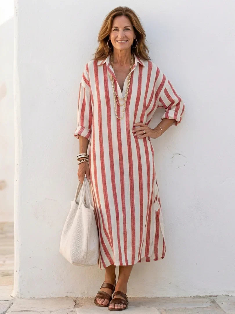 Women's Striped Shirt Maxi Dress with Roll-Up Sleeves