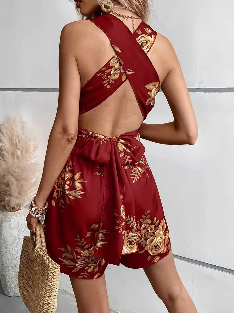 Floral Cross Back Romper Dress for Women