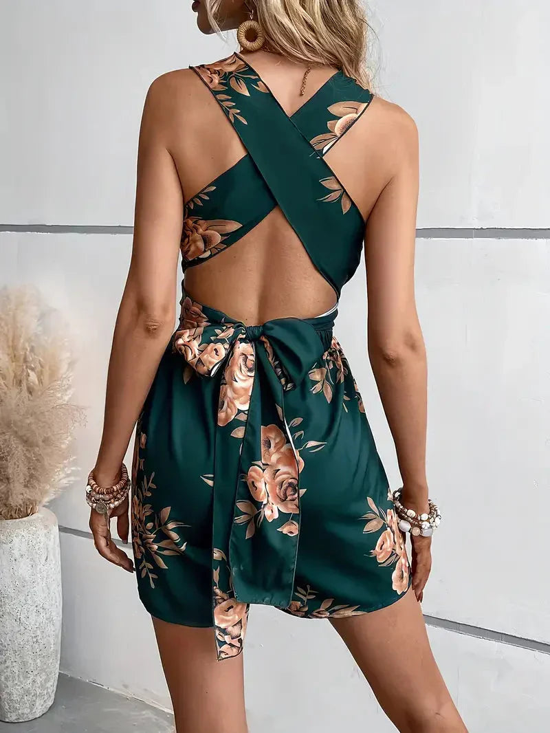 Floral Cross Back Romper Dress for Women