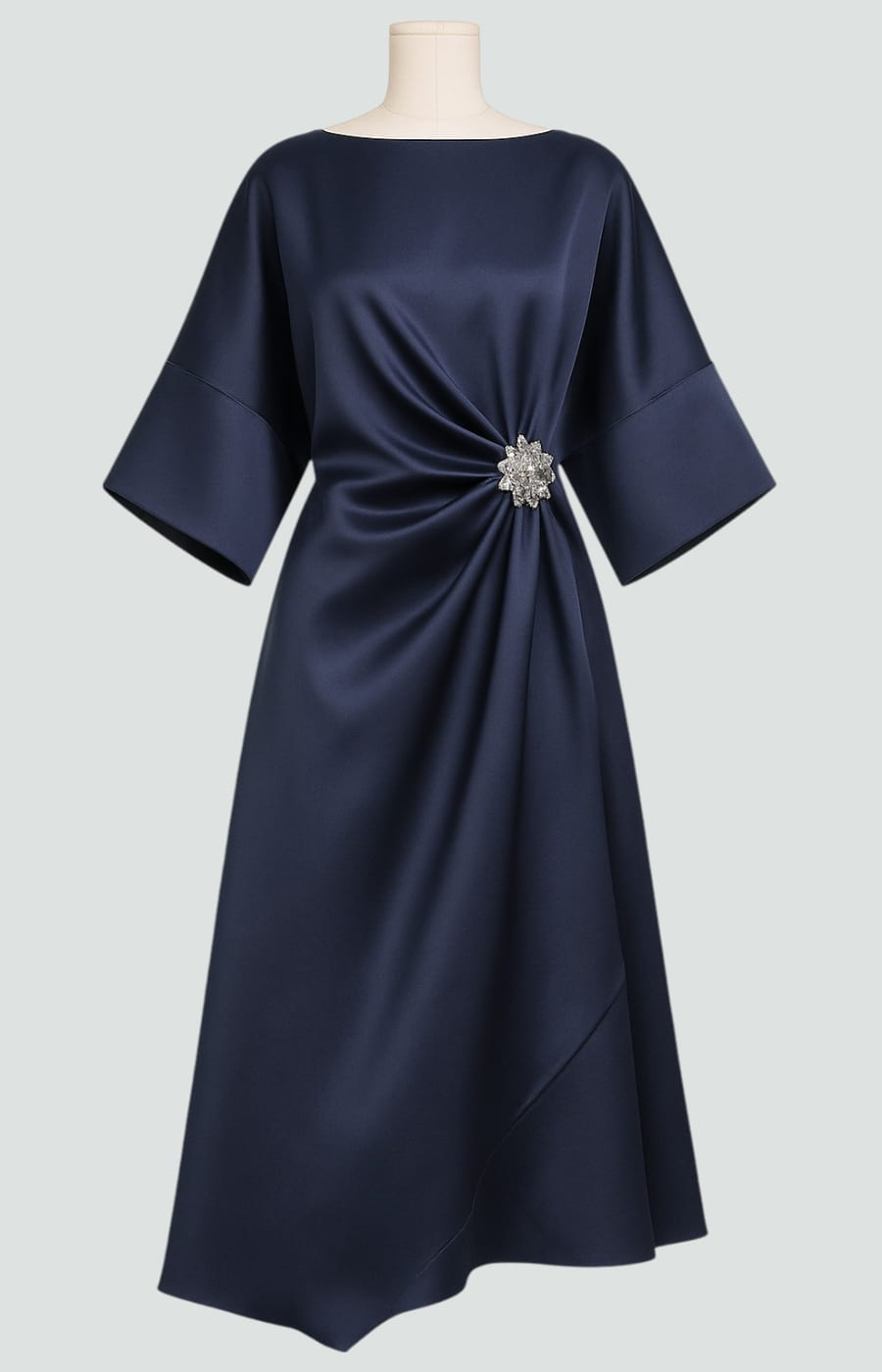 Elegant Draped Brooch Detail Midi Dress with Wide Sleeves