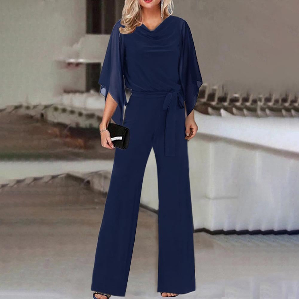 Women's Elegant Wide-Leg Jumpsuit with Cascading Neckline