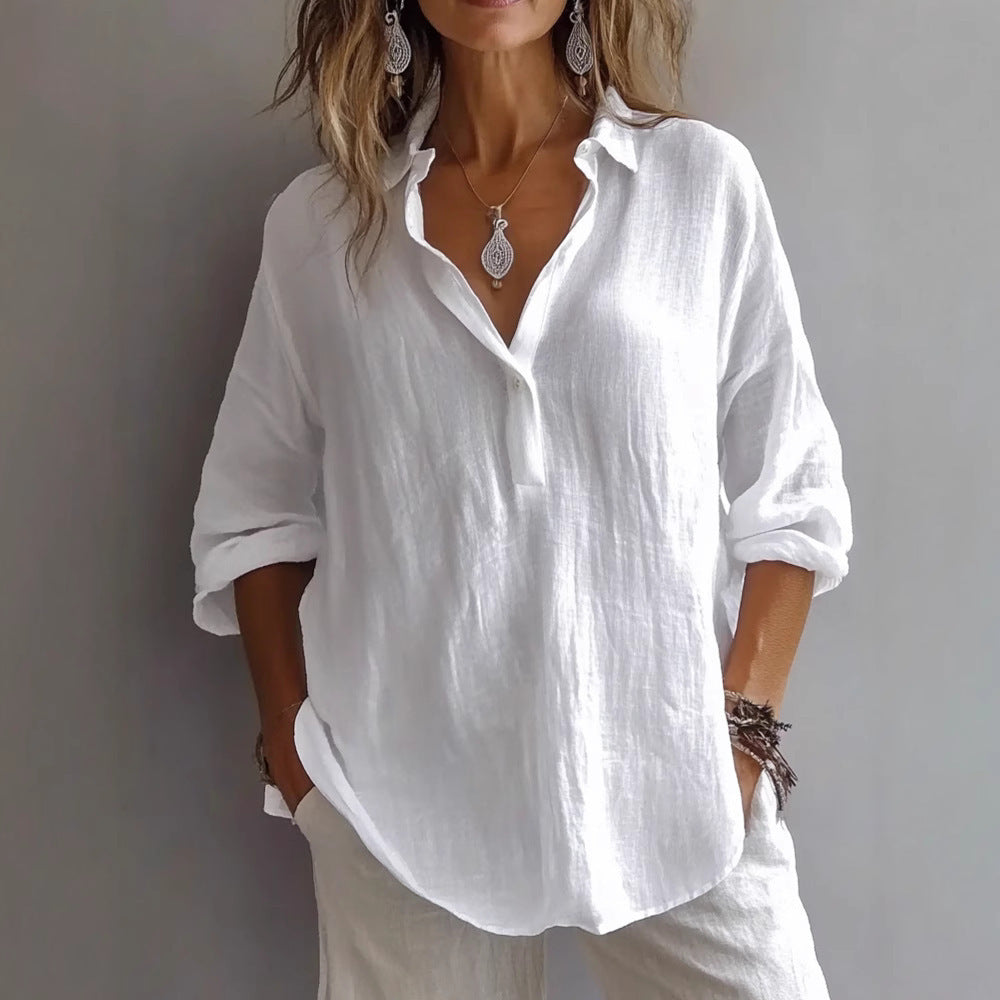 Women's Relaxed Casual Shirt with Button Placket and Wide Sleeves
