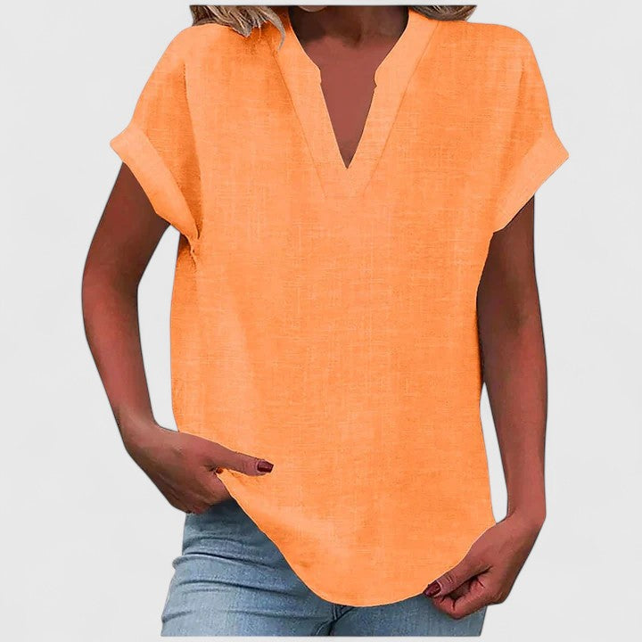 Women's V-Neck Blouse with Rolled Sleeves