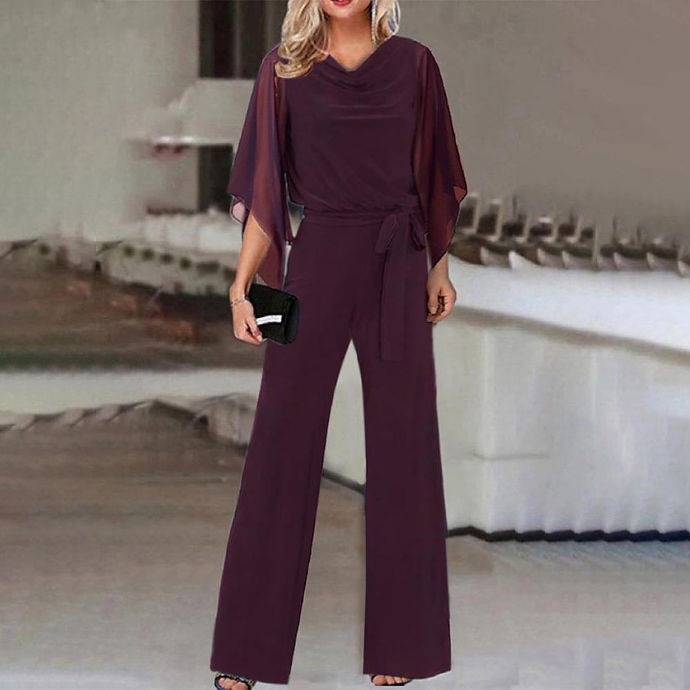 Women's Elegant Wide-Leg Jumpsuit with Cascading Neckline