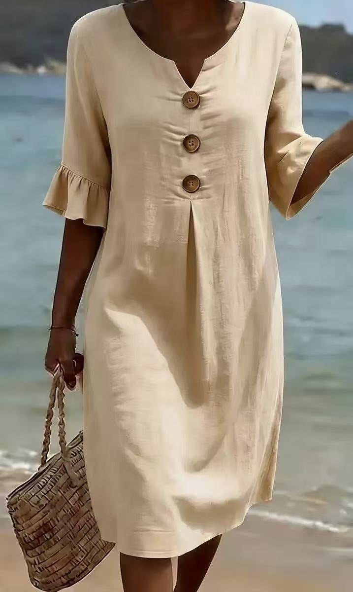 Women's V-Neck Button Ruffle Cuff Midi Dress
