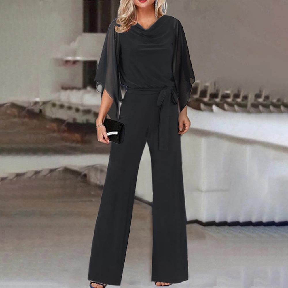 Women's Elegant Wide-Leg Jumpsuit with Cascading Neckline