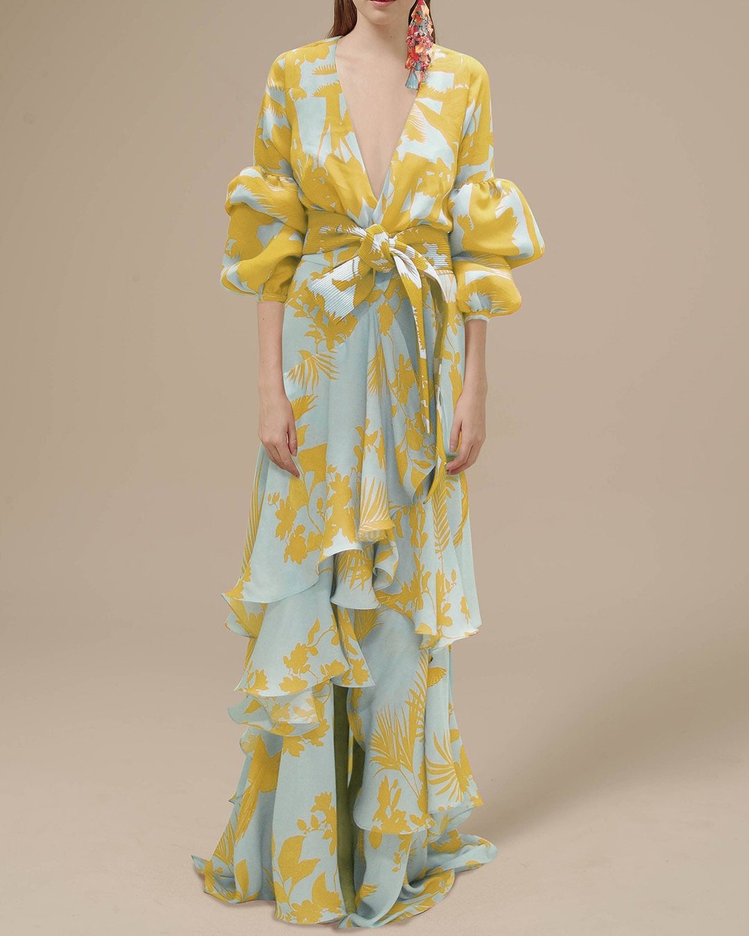 Women’s Printed Chiffon Ceremony Maxi Dress with Flowing Sleeves