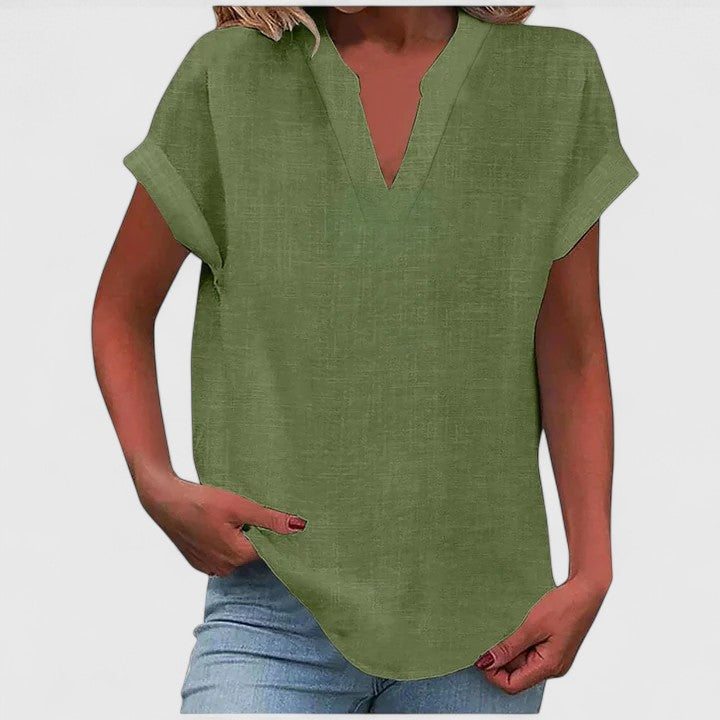 Women's V-Neck Blouse with Rolled Sleeves