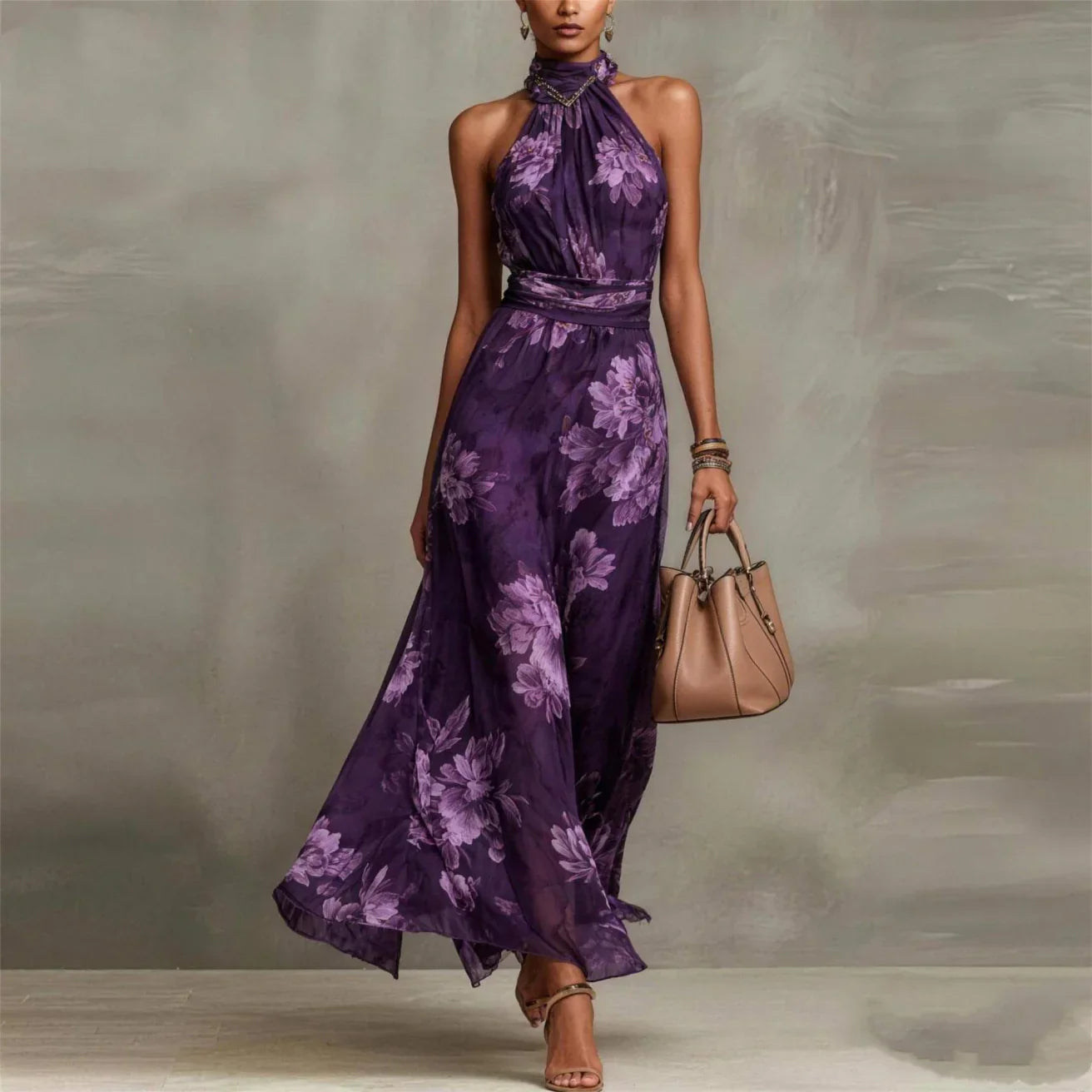 Women’s Floral Halter Maxi Dress with Flowing Skirt