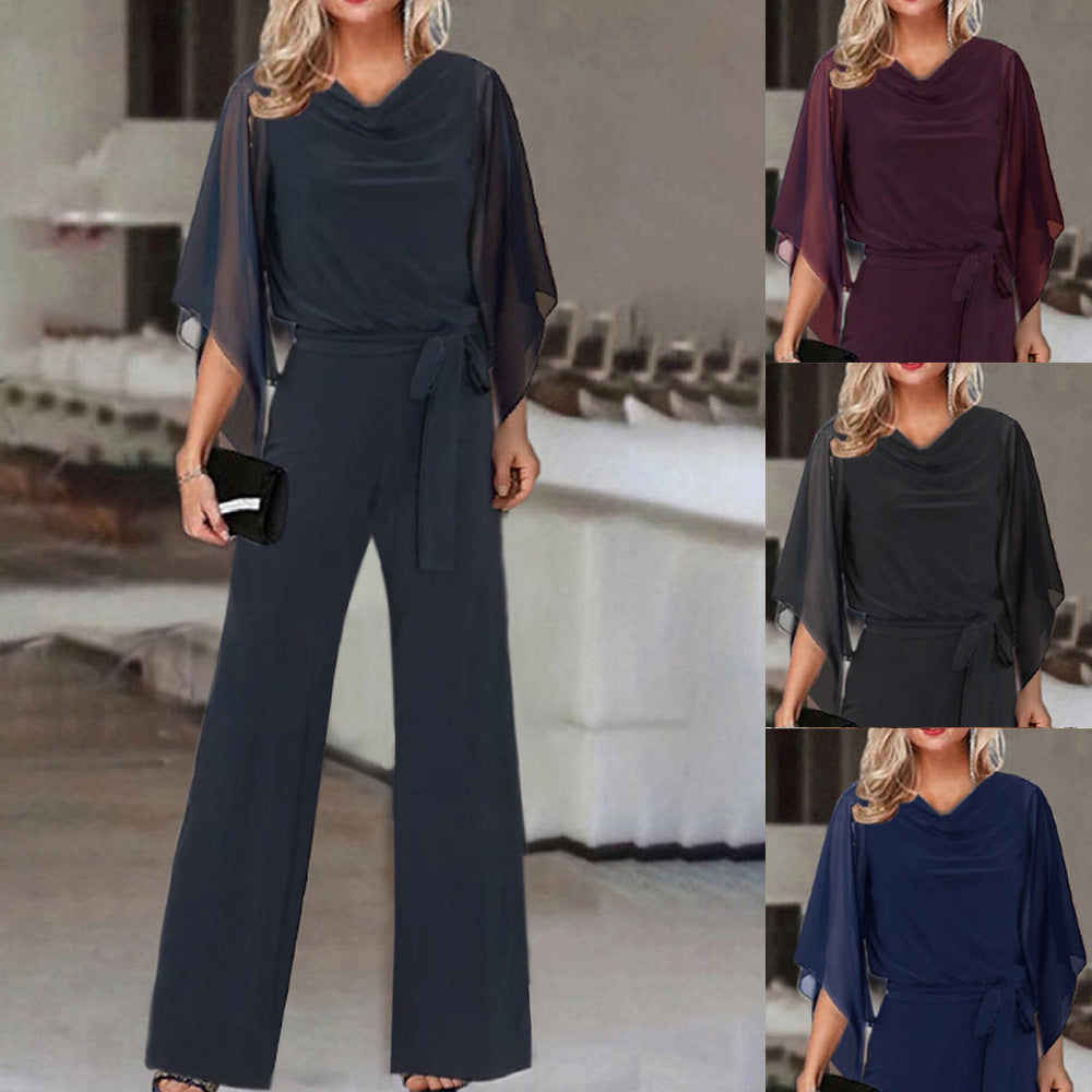 Women's Elegant Wide-Leg Jumpsuit with Cascading Neckline