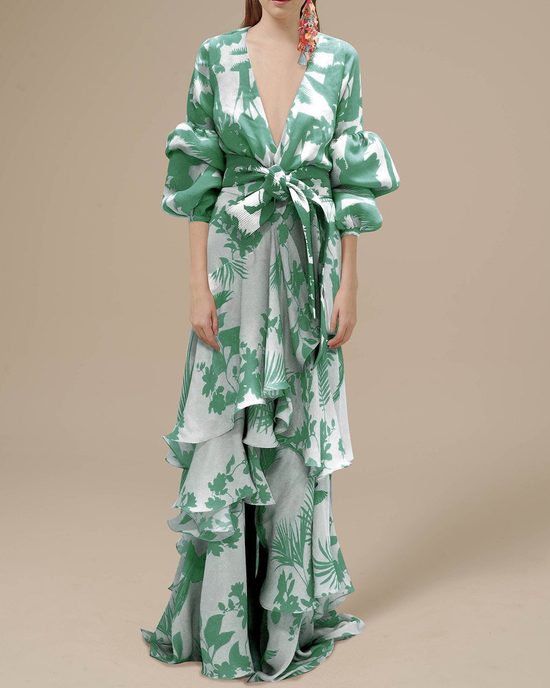 Women’s Printed Chiffon Ceremony Maxi Dress with Flowing Sleeves
