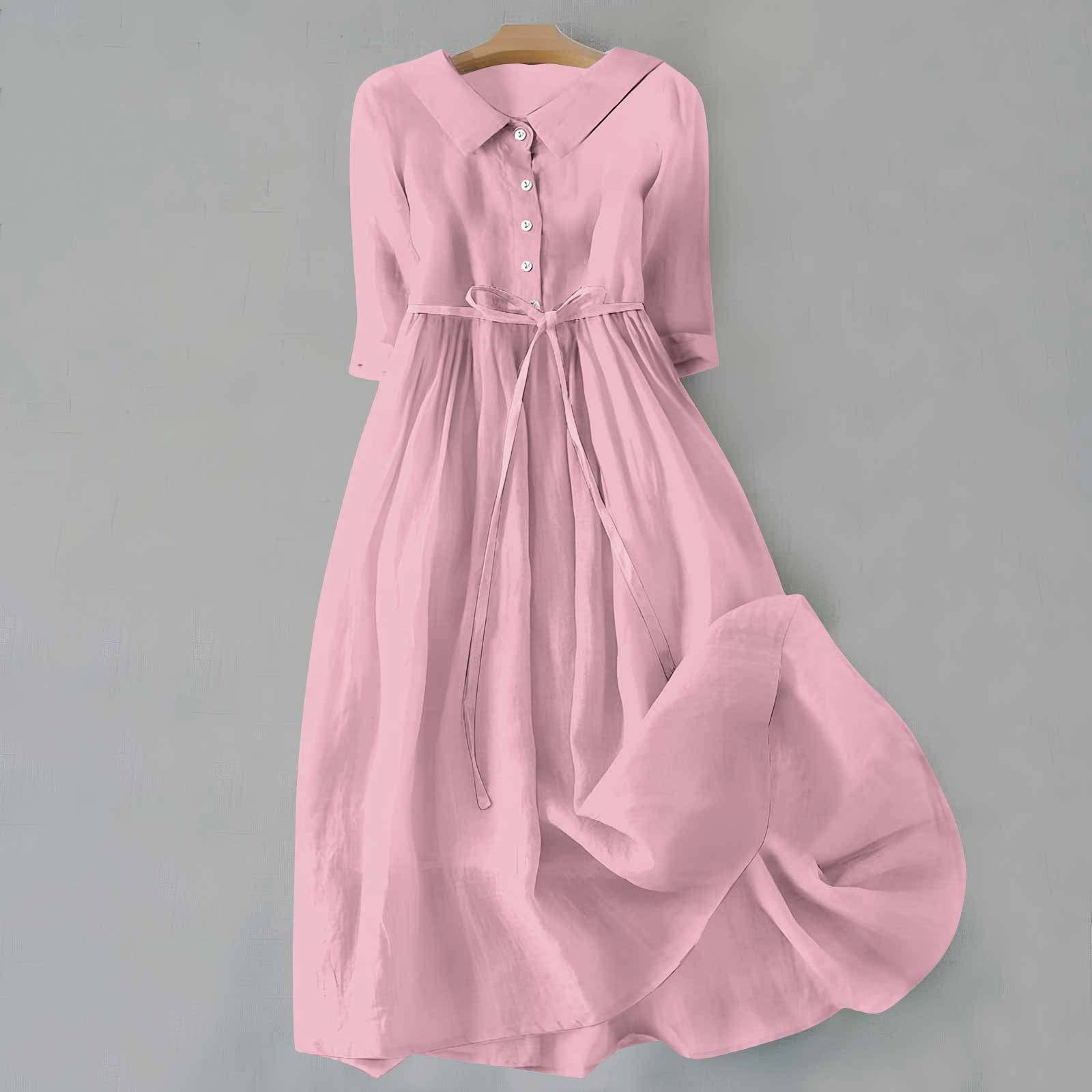 Women's Button Front Tie Waist Midi Dress