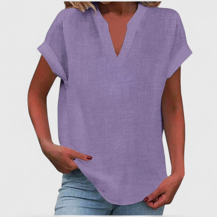 Women's V-Neck Blouse with Rolled Sleeves