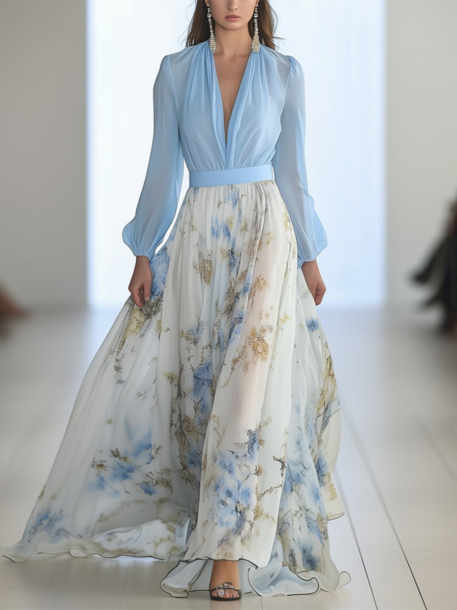 Elegant Blue Floral Wrap Bodice Long Sleeve Flowing Maxi Dress