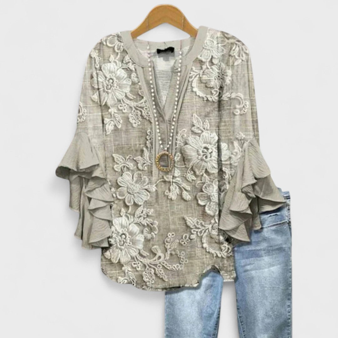 Women's V-Neck Blouse with Layered Ruffle Sleeves