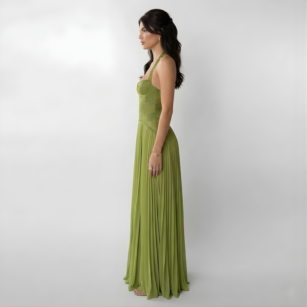 Women’s Elegant Flowy Pleated Halter Maxi Dress