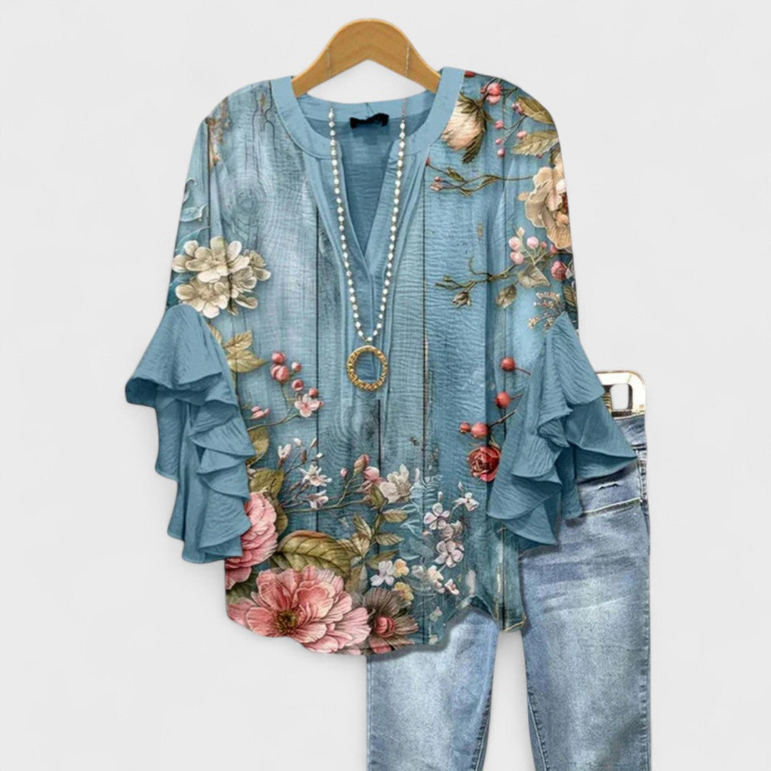 Women's V-Neck Blouse with Layered Ruffle Sleeves