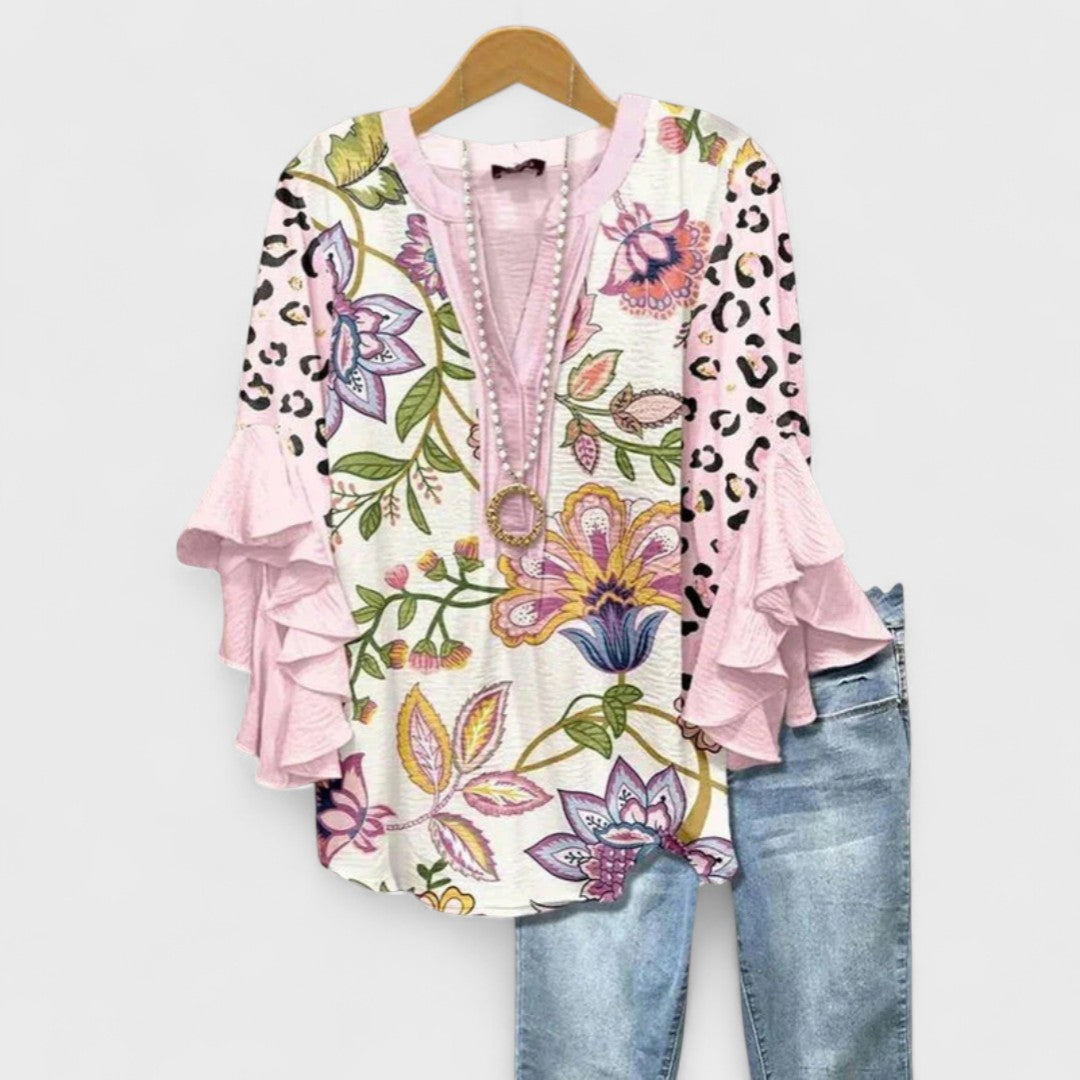 Women's V-Neck Blouse with Layered Ruffle Sleeves