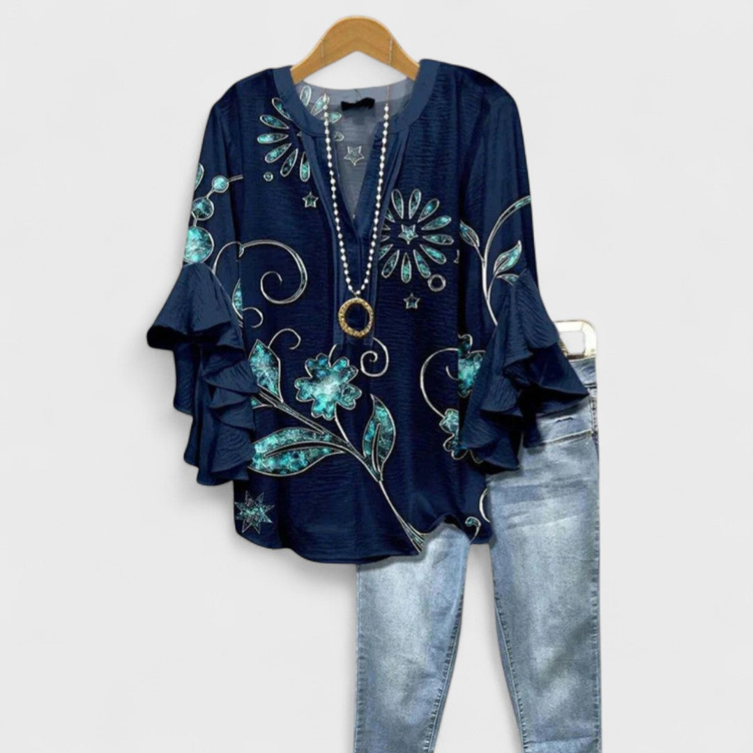 Women's V-Neck Blouse with Layered Ruffle Sleeves