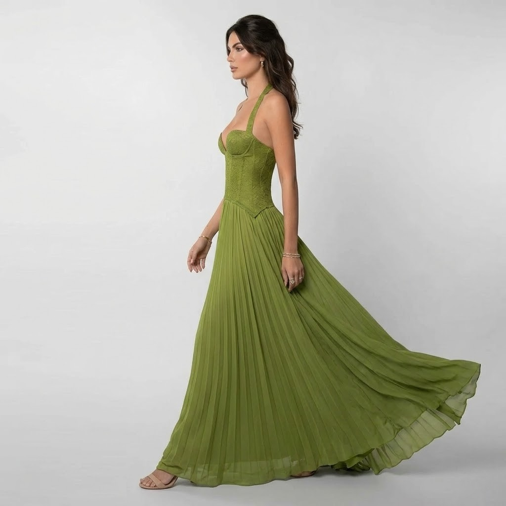 Women’s Elegant Flowy Pleated Halter Maxi Dress