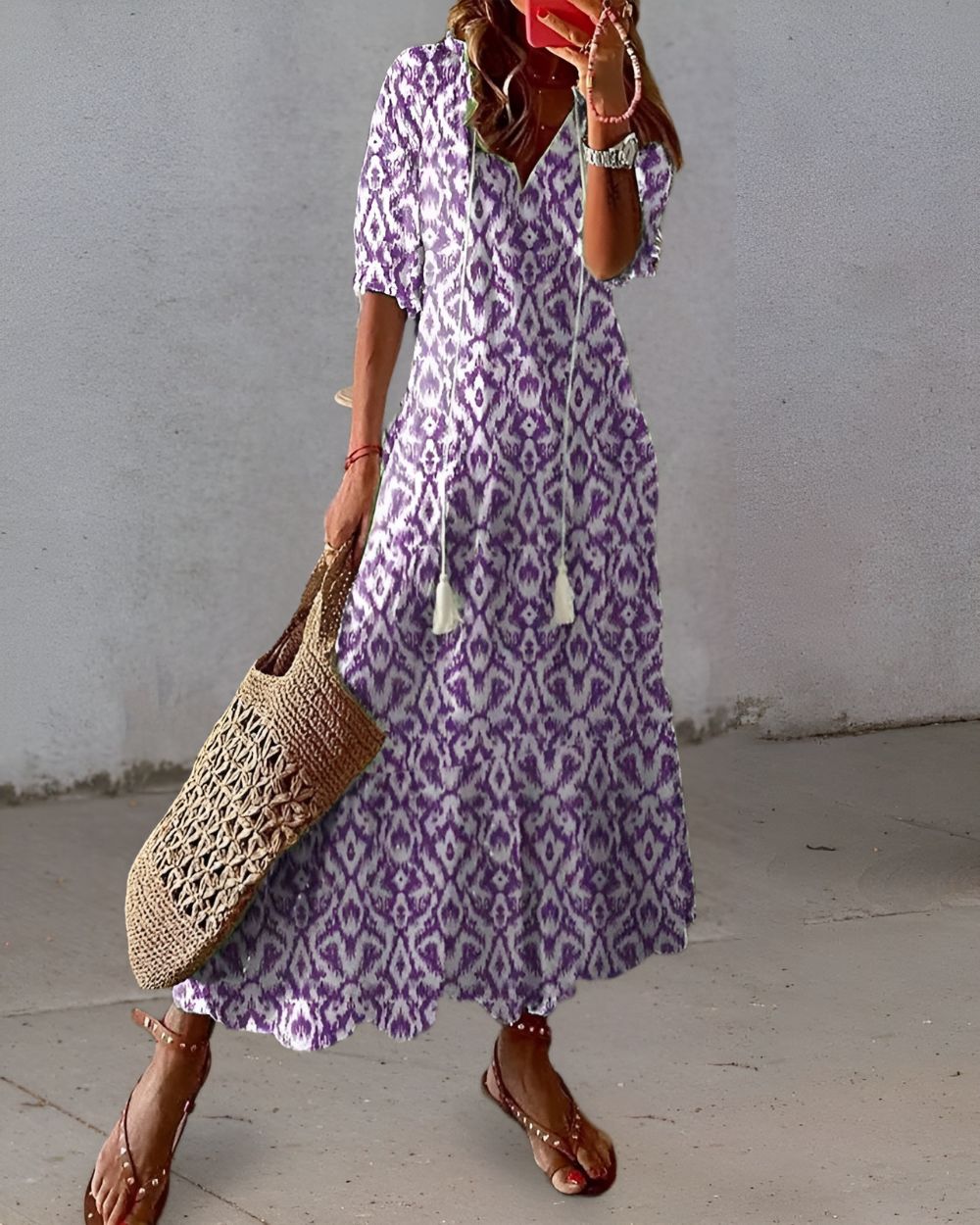 Women's Boho Tassel Tie-Front V-Neck Maxi Dress