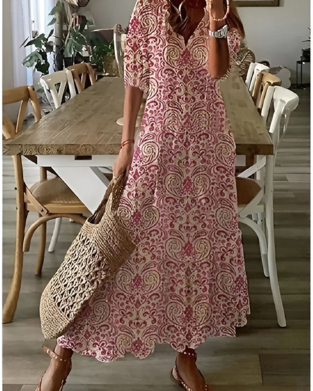 Women's Boho Tassel Tie-Front V-Neck Maxi Dress