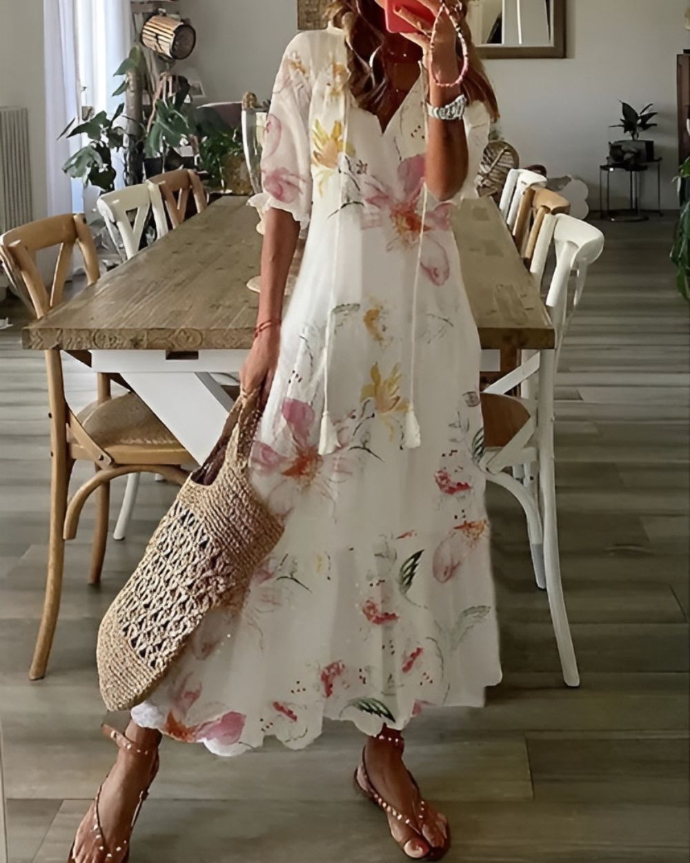Women's Boho Tassel Tie-Front V-Neck Maxi Dress