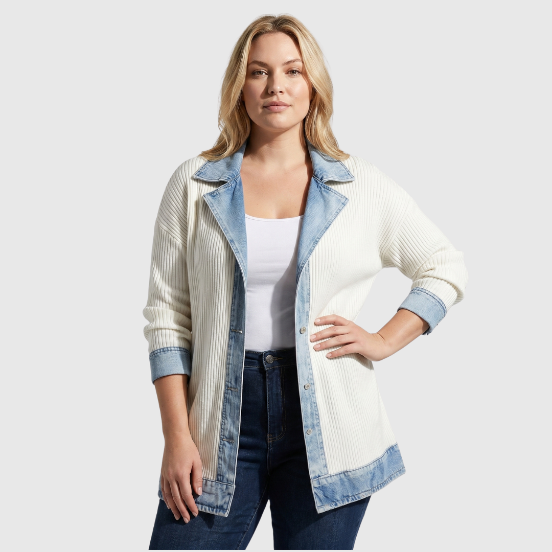 Women's Denim Trim Knit Cardigan with Pockets