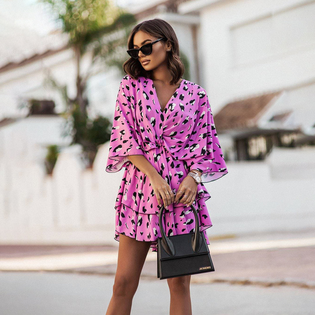 Women's Floral Puff Sleeve V-Neck Ruffle Mini Dress