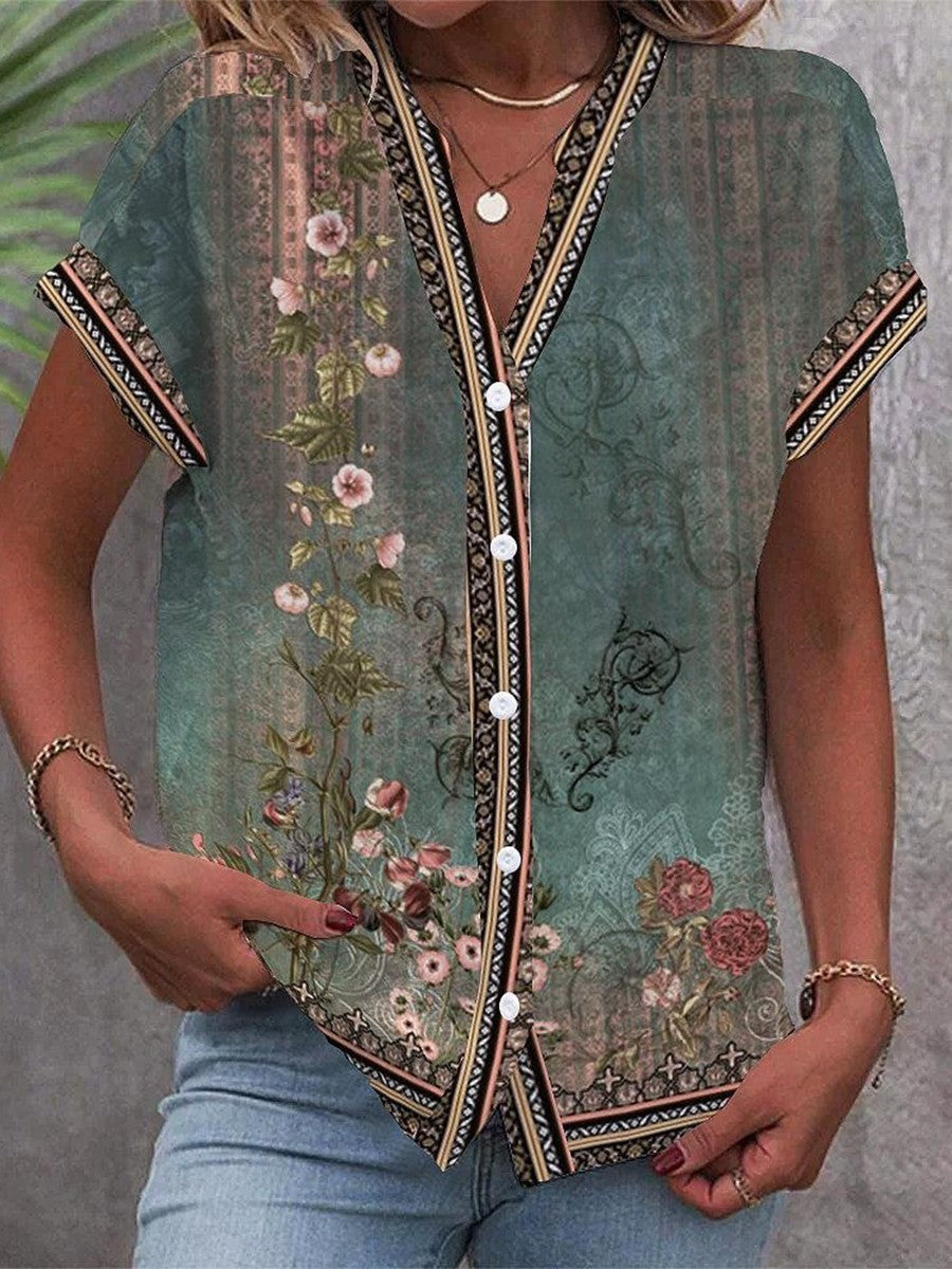 Women's Vintage Floral V-Neck Blouse with Bohemian Charm