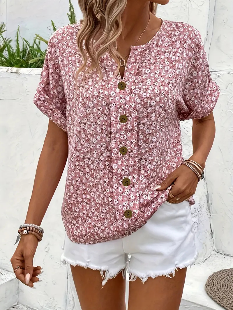 Women's Floral Button-Detail Blouse with Relaxed Fit