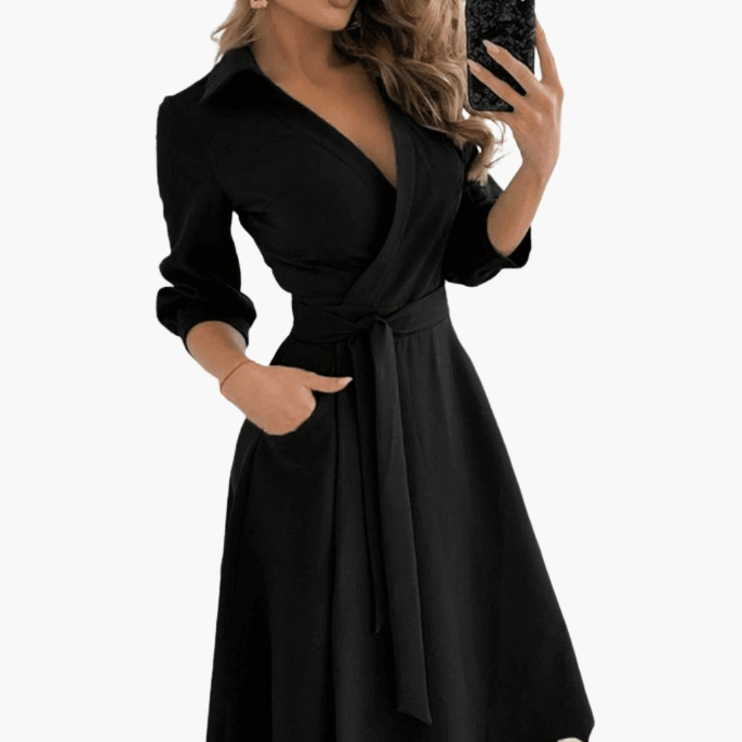 Elegant Midi Flared Women’s Dress with Lapel Collar