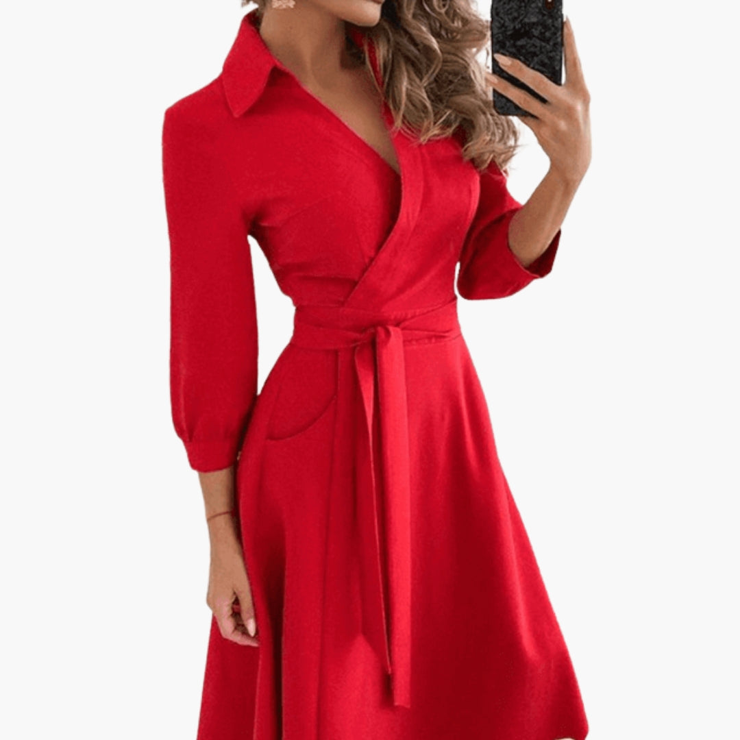 Elegant Midi Flared Women’s Dress with Lapel Collar