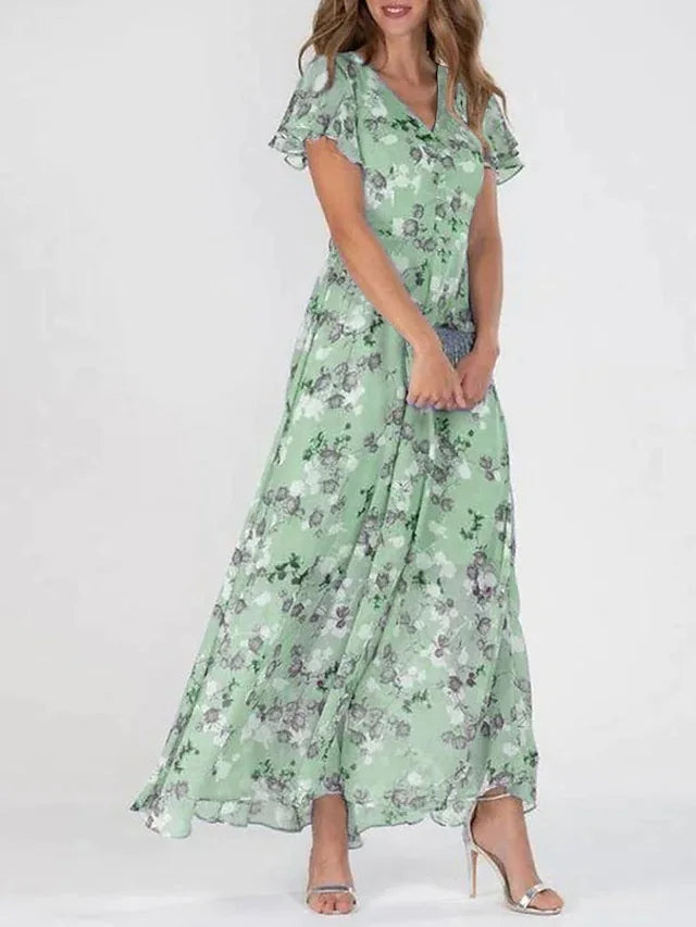 Women's Floral Flutter Sleeve V-Neck Maxi Dress with Flowing Silhouette