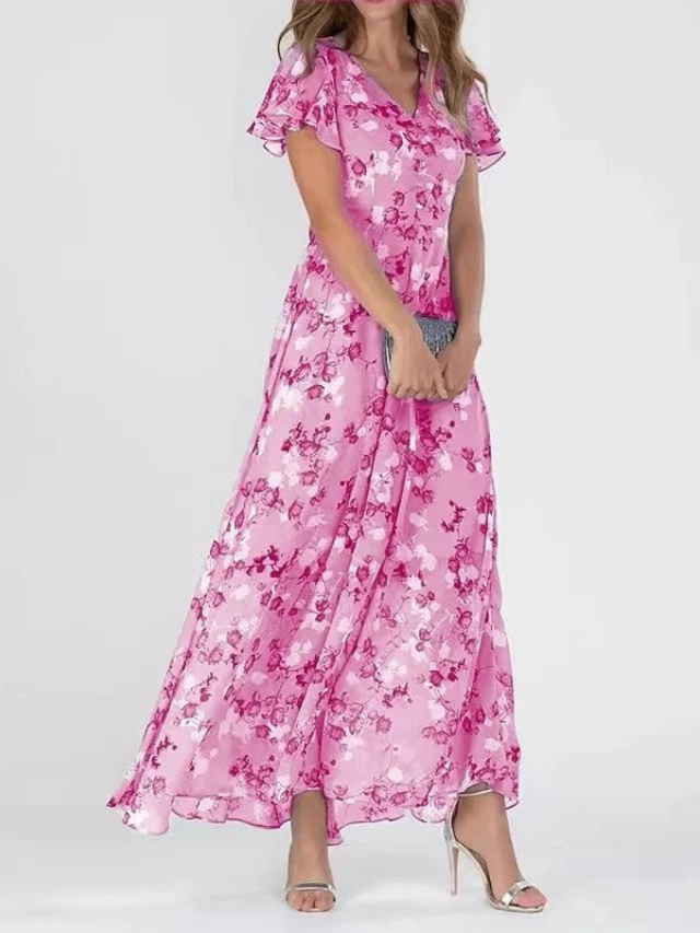 Women's Floral Flutter Sleeve V-Neck Maxi Dress with Flowing Silhouette