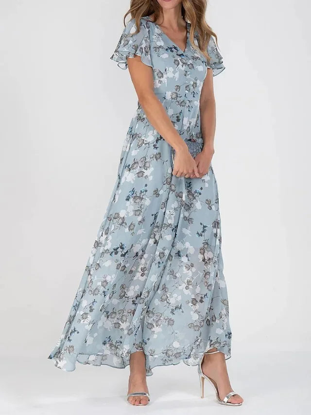 Women's Floral Flutter Sleeve V-Neck Maxi Dress with Flowing Silhouette