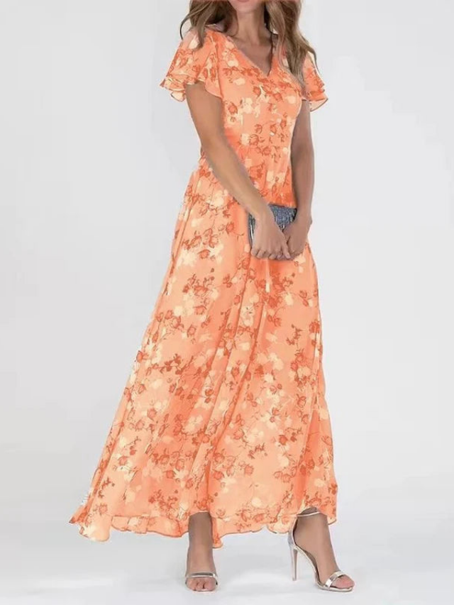 Women's Floral Flutter Sleeve V-Neck Maxi Dress with Flowing Silhouette