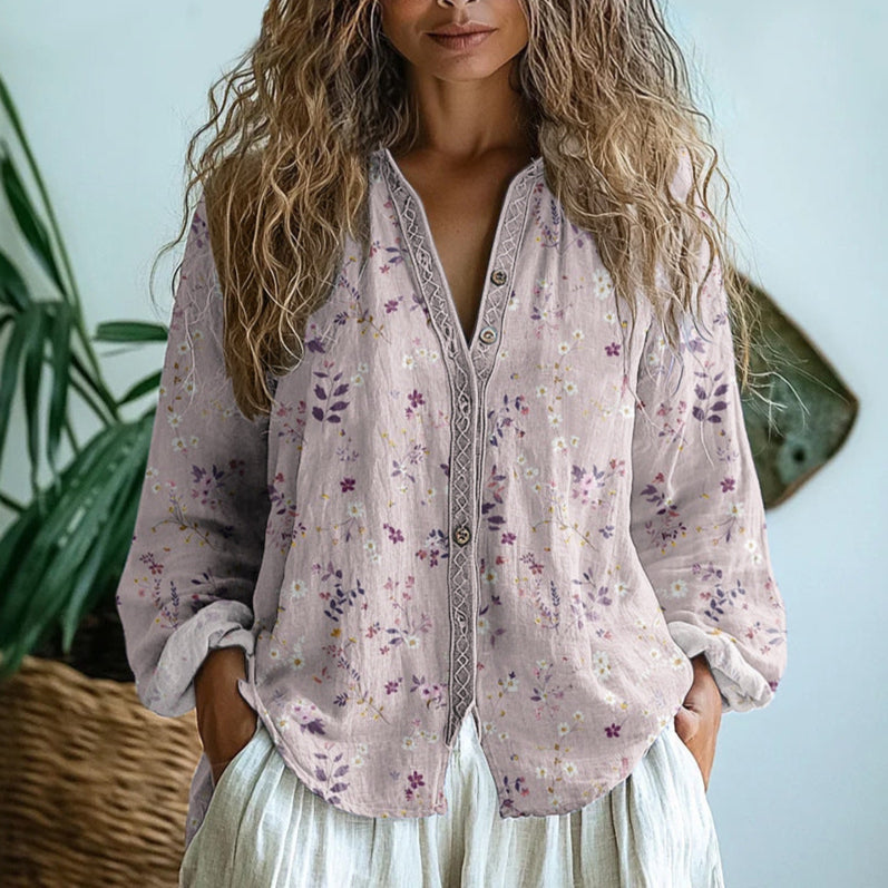 Women's Vintage Floral Print V-Neck Blouse