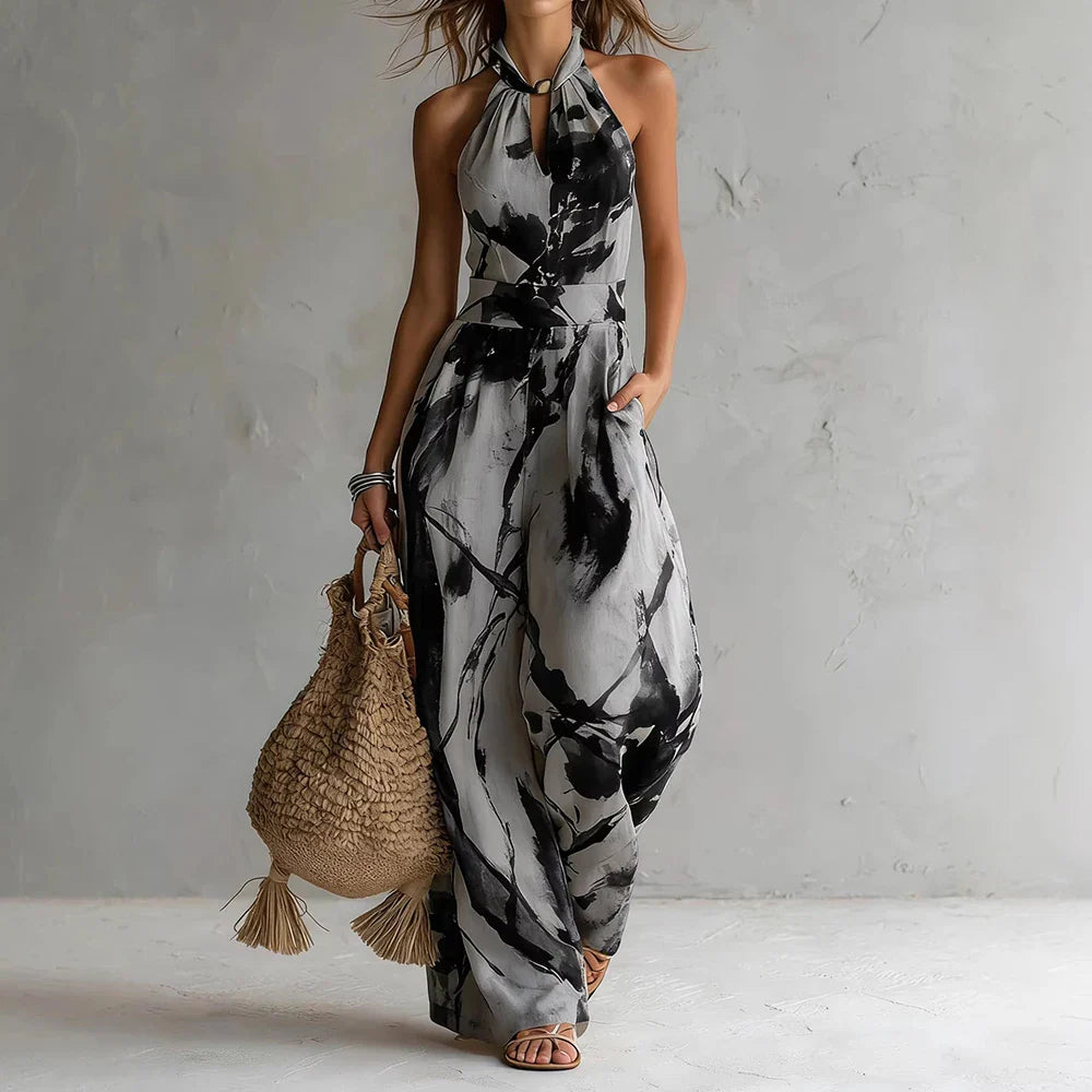 Women's Watercolor Print Halter Jumpsuit with Wide-Leg Silhouette