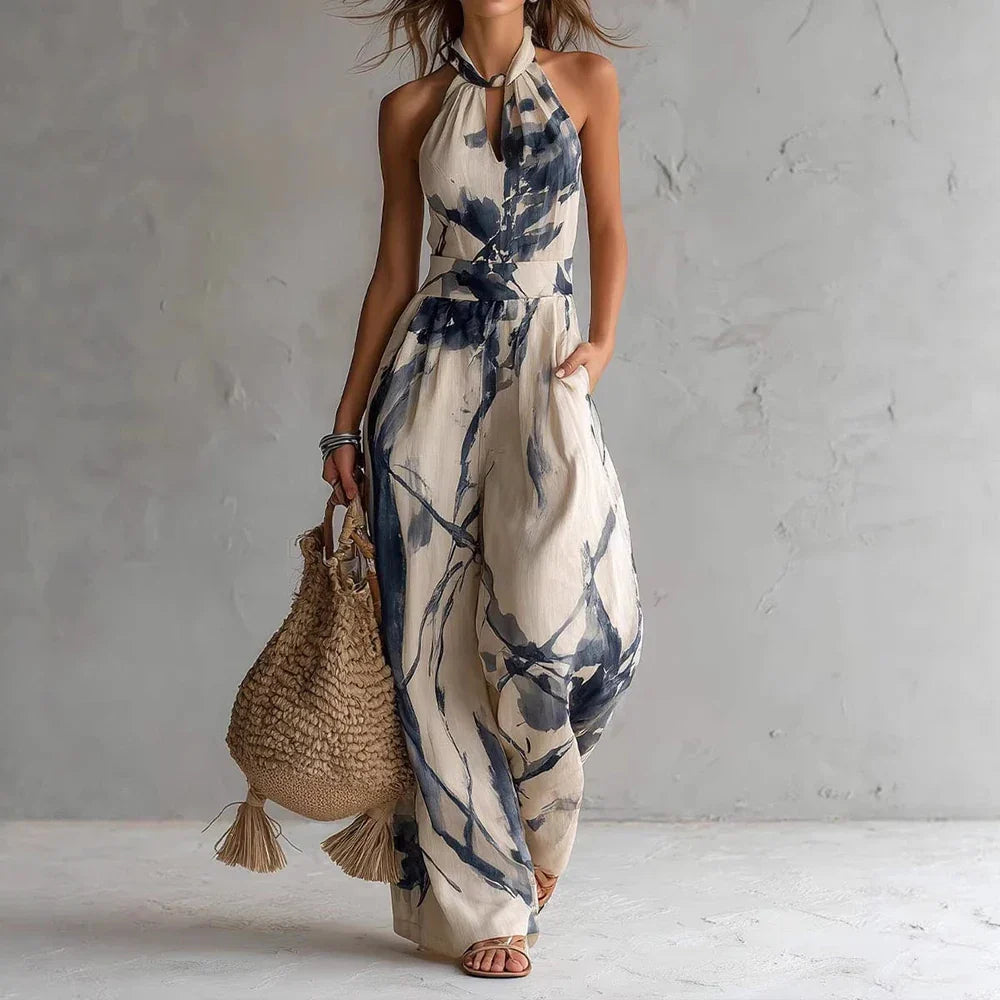 Women's Watercolor Print Halter Jumpsuit with Wide-Leg Silhouette