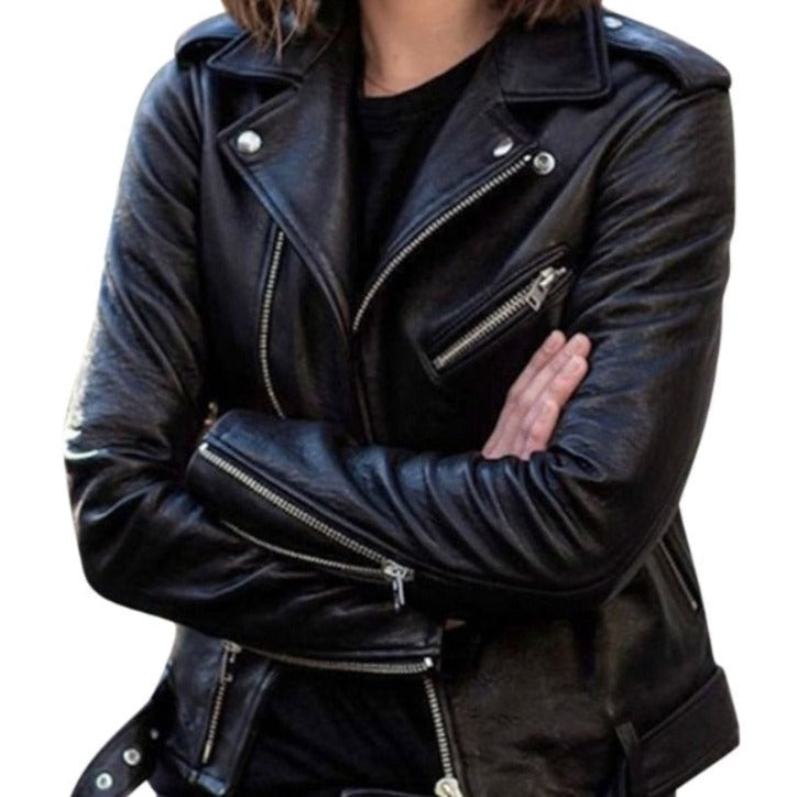 Women’s Biker Leather Jacket with Asymmetric Zip Closure