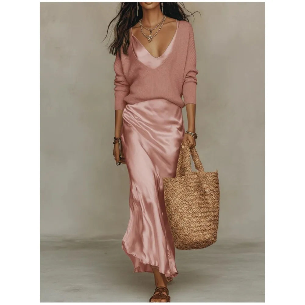 Women's V-Neck Top and Satin Maxi Dress Two-Piece Set