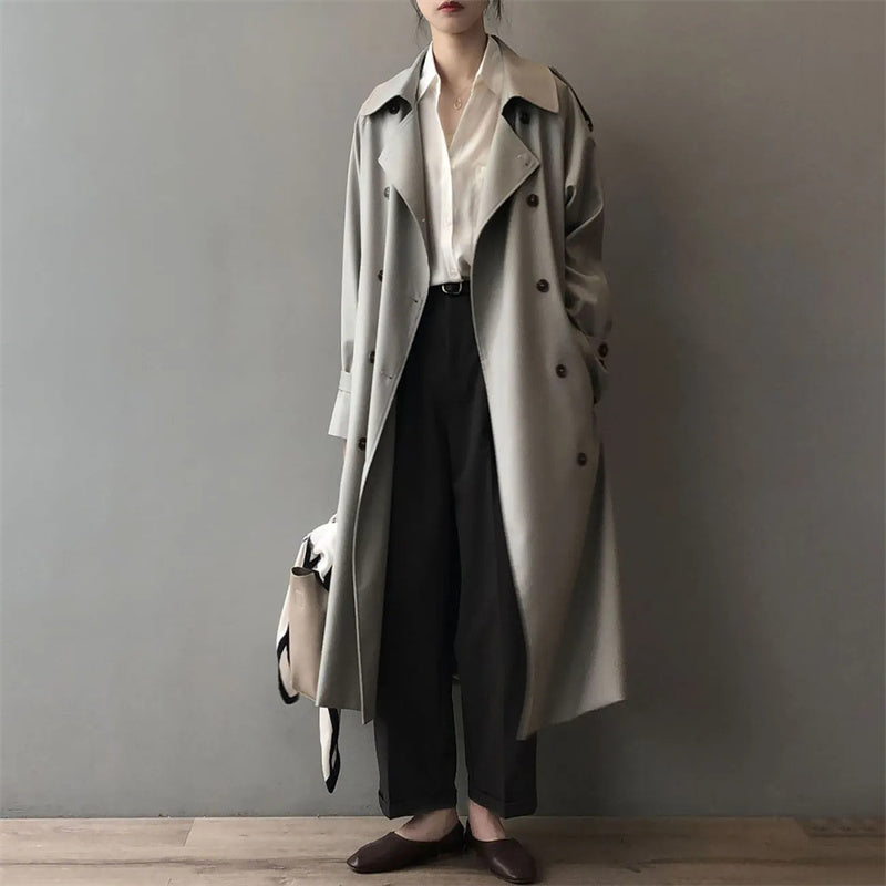 Stylish Women's Waterproof Long Trench Coat with Notched Collar