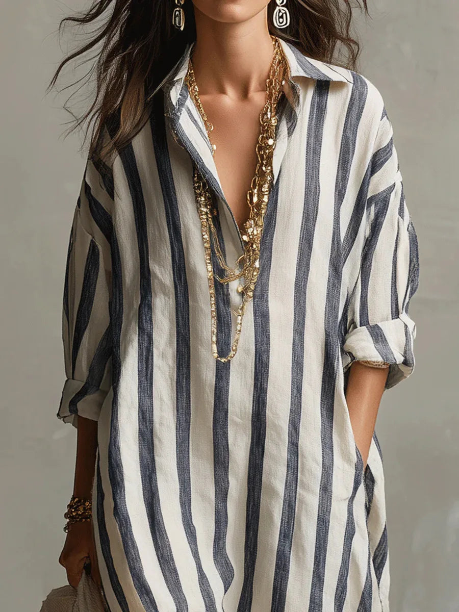 Women's Striped Maxi Shirt Dress with Collar and Side Pockets